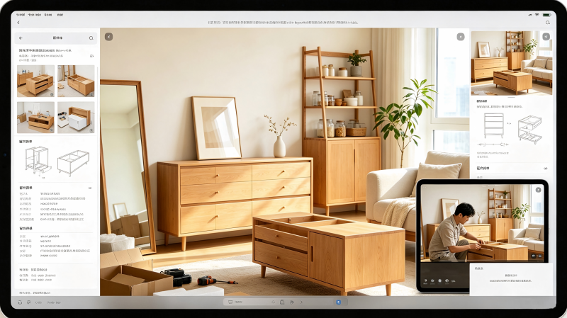 Tablet screen showing remote video call providing furniture assembly guidance, no prominent human subject