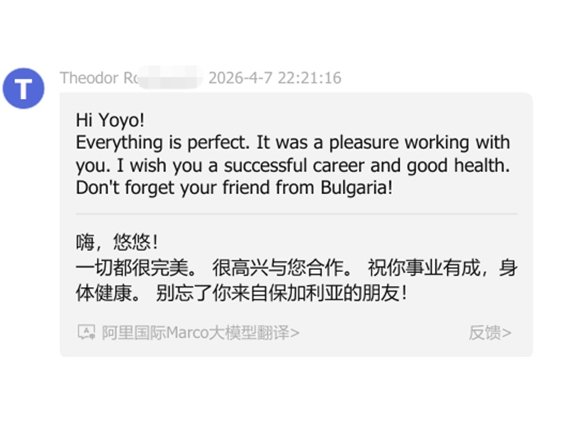Screenshot of positive customer chat message, happy feedback after custom furniture order completion