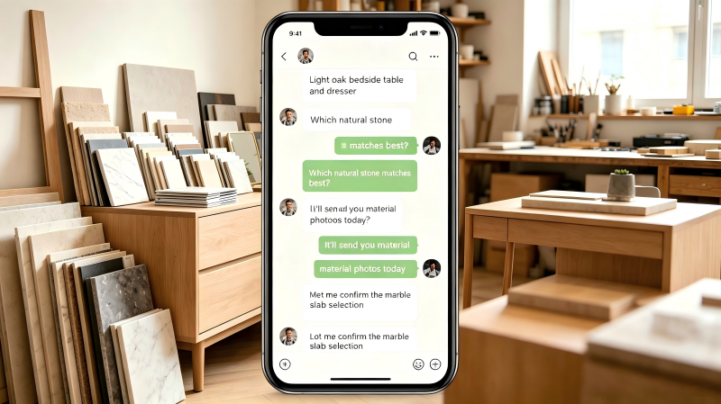 WhatsApp mobile chat interface discussing light‑oak furniture and natural marble matching, material sample boards in background