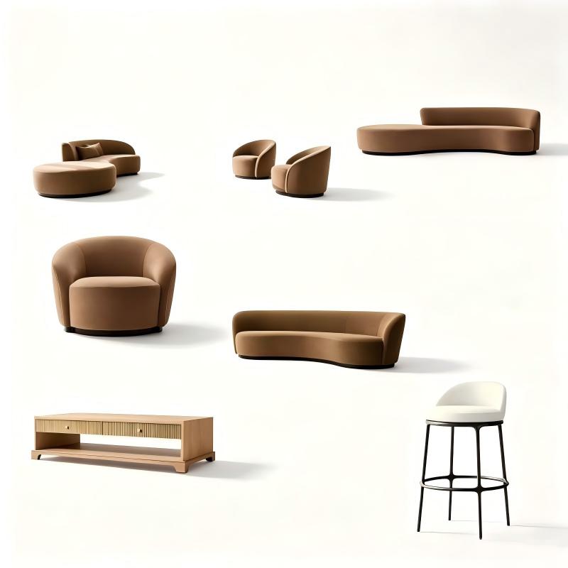 American style whole‑house custom furniture set, curved caramel fabric sofas, swivel accent armchairs, solid wood coffee table, modern bar stool, luxury living room furniture on white background