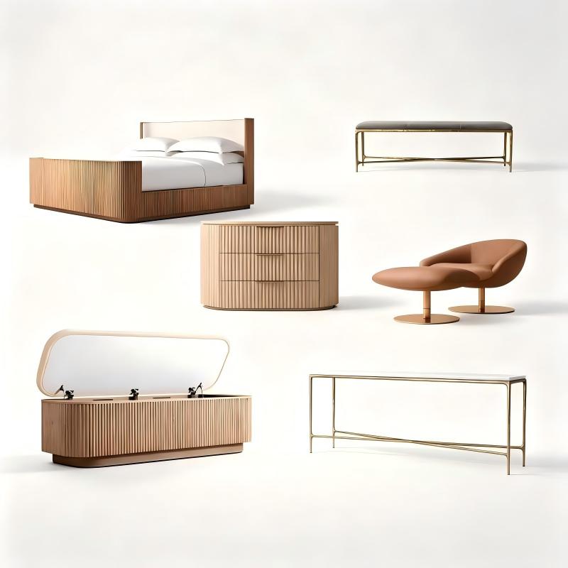 Modern whole‑house custom bedroom furniture set, fluted solid wood bed, ribbed dresser, storage cabinet, upholstered bench, caramel swivel lounge chairs, metal frame console table, white background furniture shot