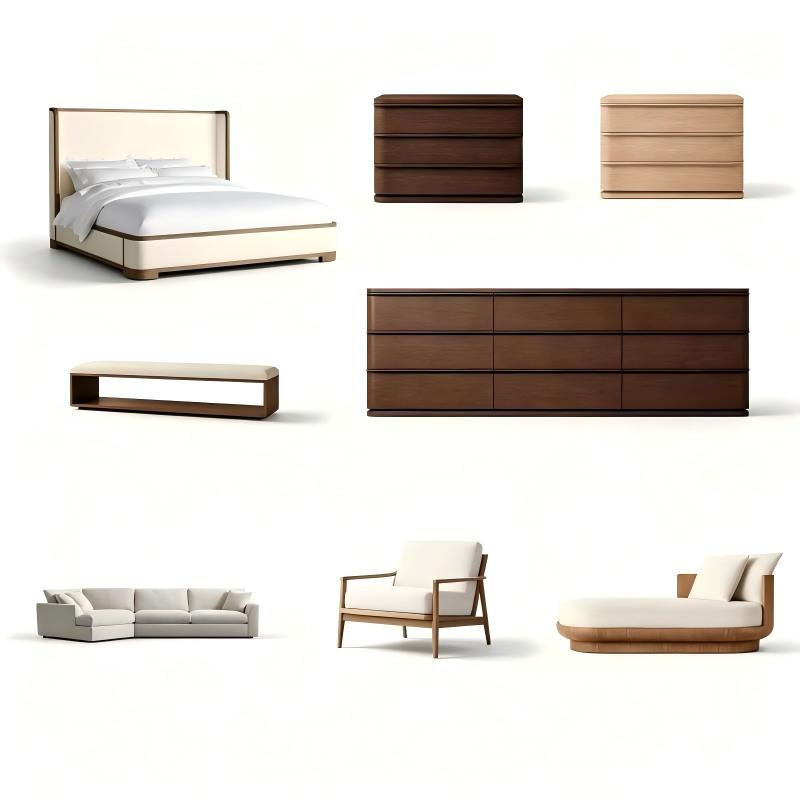 Modern whole‑house custom living and bedroom furniture set, upholstered solid wood bed, wooden chest of drawers, dresser, end‑of‑bed bench, fabric sectional sofa, wooden accent chair, chaise lounge, white background product shot