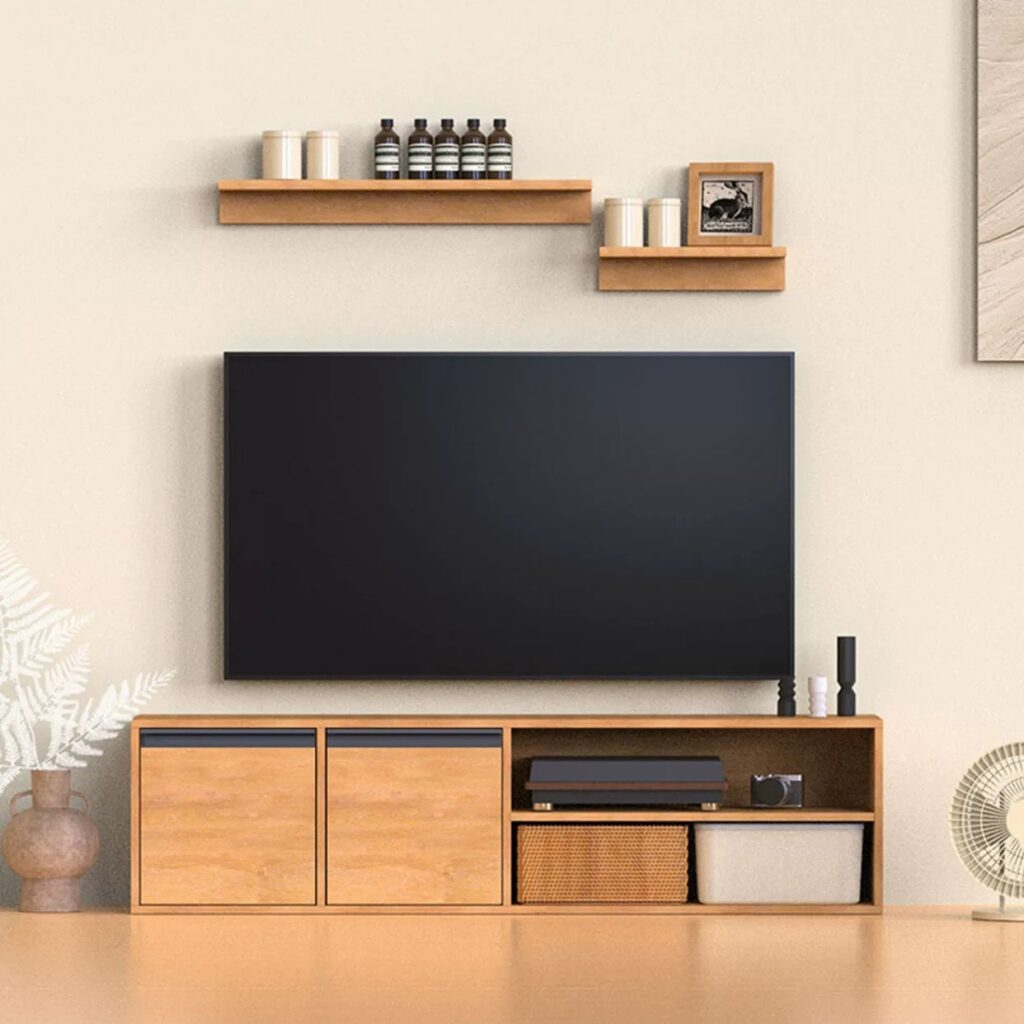 Custom light wood tv console with wall mounted floating shelves closed storage cabinets