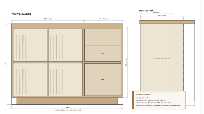Custom modular solid wood TV cabinet design drawing showing the planned cabinet layout